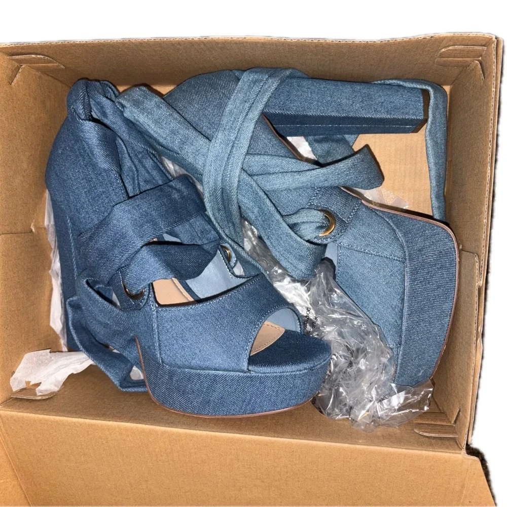 Shoe Dazzle Denim Pump Heels With Ankle Wrap/Tie - Size 9.5 - NEW w/ Box - Picture 6 of 7